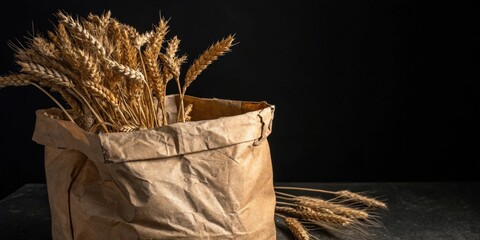 A rustic brown paper bag overflowing with golden wheat stalks, a symbol of harvest and bounty