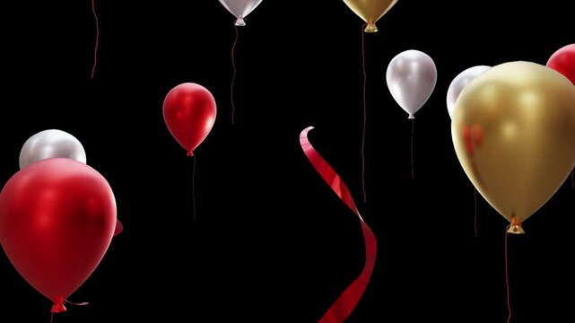 Animation 3D balloons color red silver gold rising into the in the air alpha channel background v1