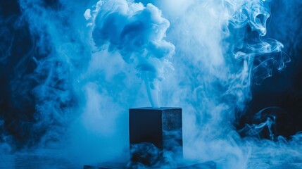 Fototapeta premium Mysterious blue smoke swirling above a dark cube