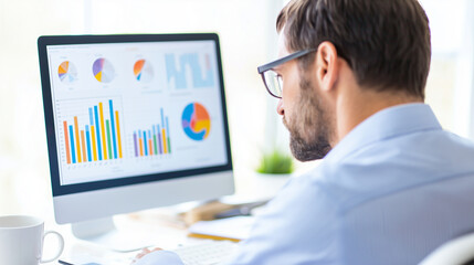 Professional Man Analyzing Digital Dashboard in Modern Office Environment