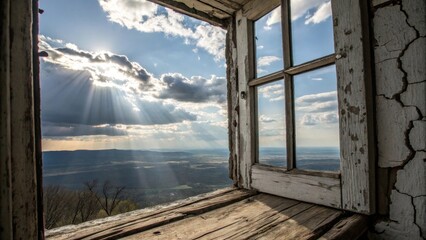A weathered window frame reveals a breathtaking view of rolling hills bathed in the golden light of the setting sun, with streaks of light piercing through a sky filled with fluffy clouds