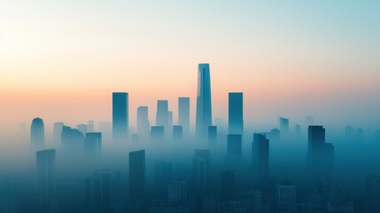Fototapeta premium Cityscape emerging from smog at sunrise: striving for carbon neutrality