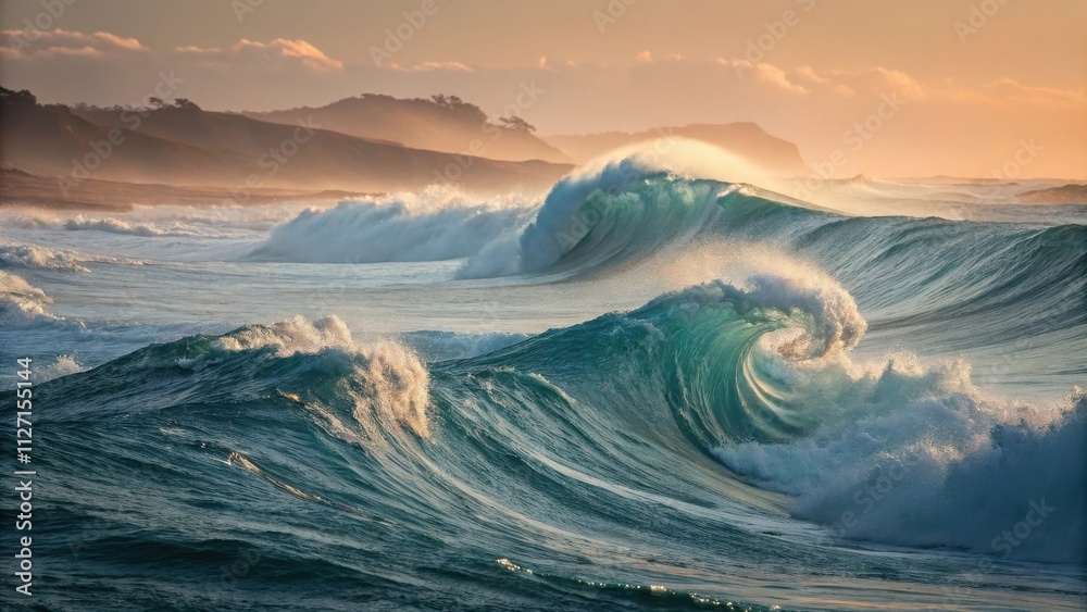 Poster a powerful wave crashes in the ocean at sunset, with a distant coastline in the background