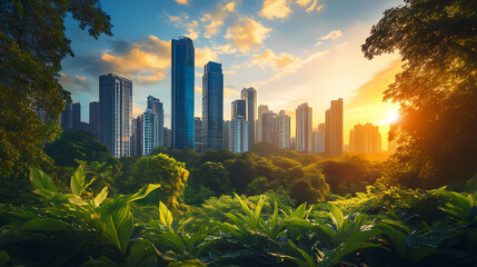 Dramatic cityscape at sunset with modern skyscrapers towering above a lush green park, highlighting the contrast between nature and urban development. Verdure. Illustration