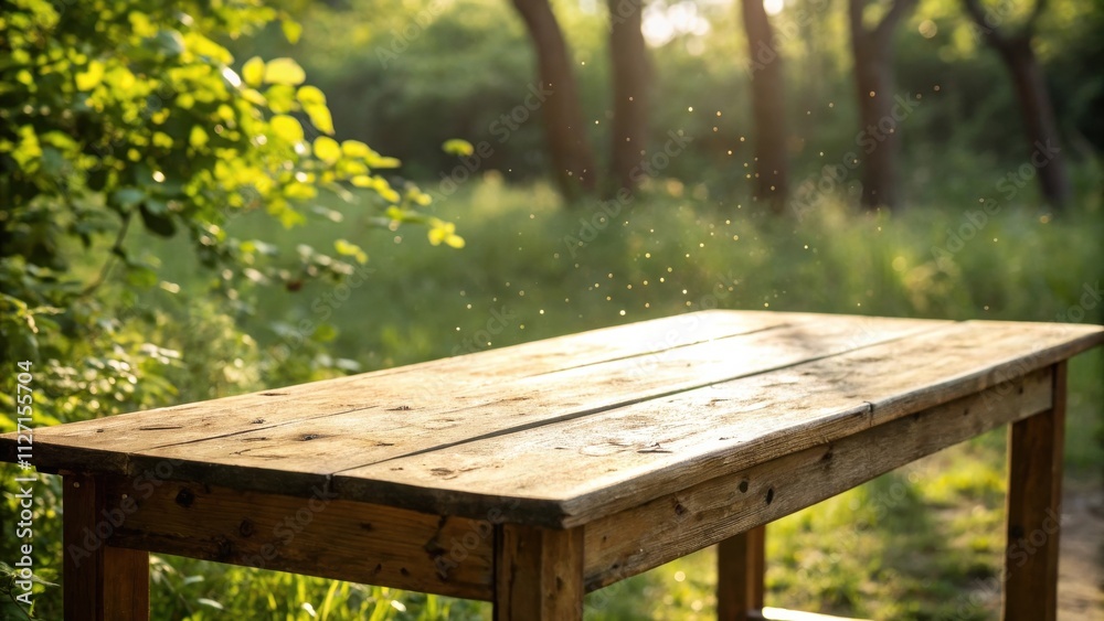 Poster A rustic wooden table in the middle of a lush green forest with a soft, dreamy glow of sunlight filtering through the trees and leaves
