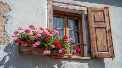 Rustic window with wooden shutters adorned by a vibrant flower box overflowing with pink and red blossoms