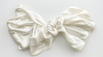 A luxurious white silk ribbon, tied into a bow, isolated on a white background.