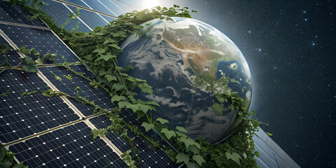Highlight Earth surrounded by green vines and solar grids to signify harmony between nature and technology