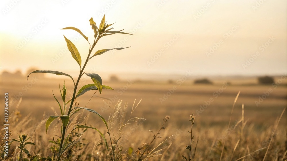 Poster A single plant stands tall against a hazy backdrop of golden fields, illuminated by the soft glow of the setting sun.