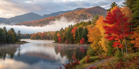 Naklejka premium Serene Autumn Landscape with Fog Drifting Over a Still Lake Reflected in the Water, Surrounded by Vibrant Foliage in Shades of Red, Orange, and Yellow
