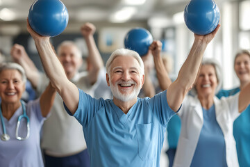 Joyful Senior Fitness Class, Active Adults Exercising with Enthusiasm and Smiling, Holding Exercise Balls.