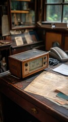 Fototapeta premium An antique radio rests on a wooden desk surrounded by papers and a phone in a cozy room.