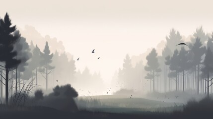 Fototapeta premium Silhouettes of birds flying in a misty forest with tall trees and dense foliage, serene atmosphere, nature concept
