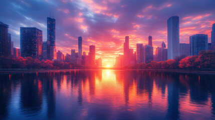 Fototapeta premium Chicago skyline during a stunning sunset, with the cityscape mirrored in the Chicago River