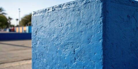 A close-up view of a textured blue concrete block with a shallow depth of field, highlighting the rough surface and emphasizing the depth of the color.