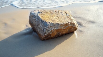A solitary rock on a sandy beach with gentle waves lapping nearby.