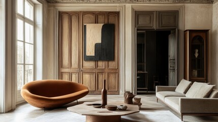 Fototapeta premium Luxurious living room interior with modern sofa, wooden floors, and abstract art.