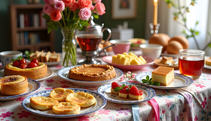 Naklejka premium Shrovetide treats: A table with a variety of traditional dishes such as pancakes, pies, cheesecakes and hot tea in a samovar.