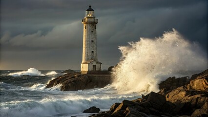 Obraz premium A lone lighthouse stands tall against a backdrop of crashing waves and a stormy sky