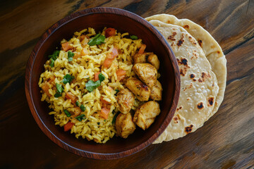 A bowl of flavorful rice with tomatoes and chicken, accompanied by flatbreads.