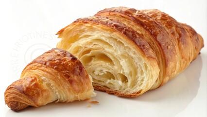 A fresh, golden brown croissant, sliced open to reveal its flaky layers and soft interior