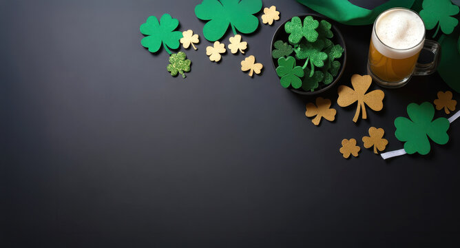 st patricks day green gold shamrock on dark background - Powered by Adobe