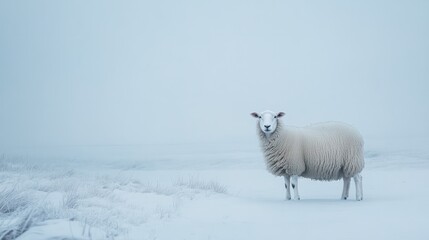 A lone sheep standing in a snowy field, with a misty winter landscape in the background, evoking a sense of solitude
