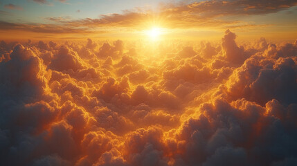 Fototapeta premium Clouds aerial view at sunrise, with golden rays breaking through soft, pillowy cloud formations