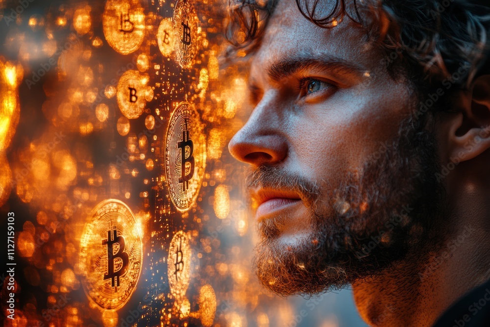Poster artistic representation of a modern man with bitcoin and dollar signs forming an abstract, dynamic f