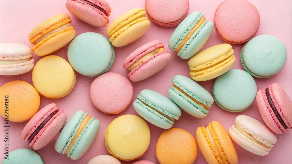 Poster a vibrant assortment of colorful macarons arranged on a soft pink background, showcasing a delightfu