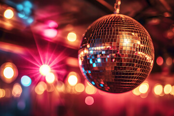 Fototapeta premium Glittering disco ball hanging in nightclub, reflecting vibrant lights and creating festive atmosphere