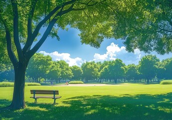 A park with green trees and a blue sky, with a bench under the tree.