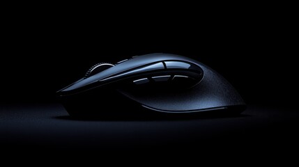 A modern wireless mouse placed on a sleek black background with subtle lighting perfect for promoting tech accessories focusing on ergonomic design and functionality