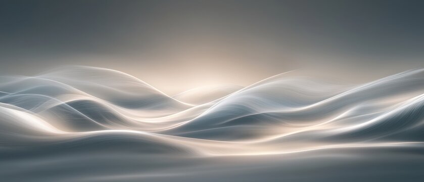 Abstract digital art piece that appears to be a wave-like pattern. the background is a gradient of grey and white, with the top half being a light grey color and the bottom half a darker grey.