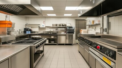 Modern Industrial Kitchen Interior with Stainless Steel Appliances and Professional Cooking Equipment