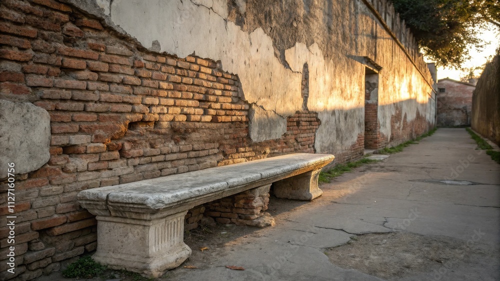 Aufkleber a stone bench sits beside an ancient brick wall, sunlight illuminating the crumbling facade and cast