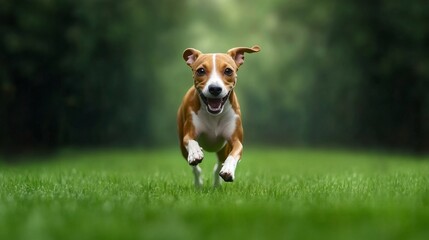 Joyful Brown Dog Running on Lush Green Grass in Vibrant Nature Setting with Focus on Movement and Energy