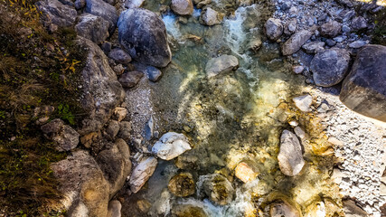 Aerial view of a rocky mountain stream, embodying the concept of nature's tranquility and environmental conservation