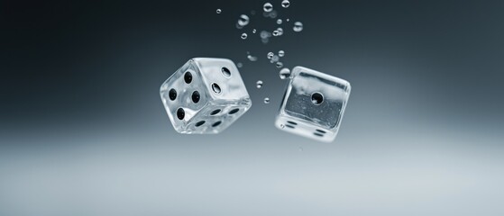 Two dices, one on the left and one in the right, flying in the air. the dices are made of clear glass and have black dots on each side.