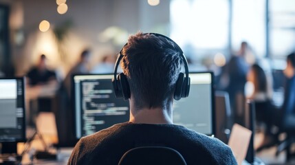 A person with headphones attends a virtual meeting on a computer screen in a modern office, with coworkers in the background, blended virtual and in-office collaboration. Concept: hybrid workspace