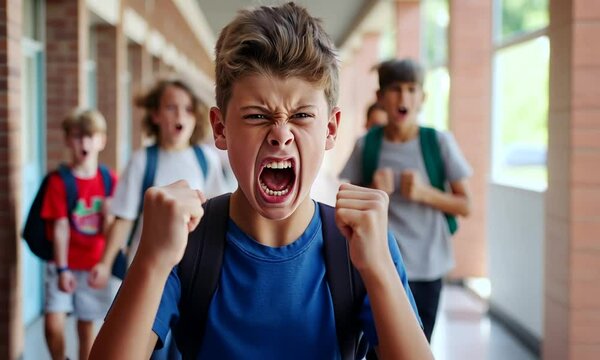 Agressive school boy student shouting with fist clenched tightly