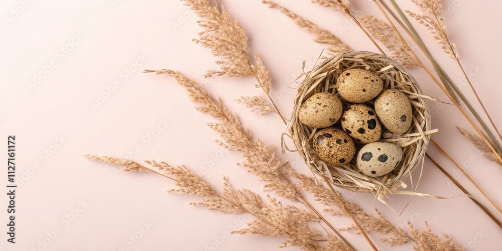 Aufkleber a nest of quail eggs decorated with dried pampas grass on a soft pink background