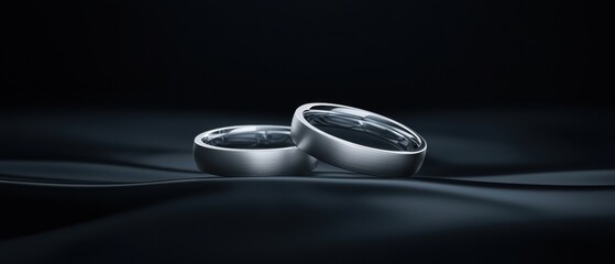 Two wedding rings lying on a black surface. the rings are made of silver and have a smooth, polished finish. they are placed side by side, with the top ring slightly overlapping the bottom one.