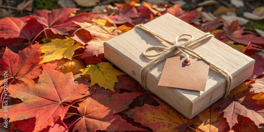 Poster a simple rustic gift box with a twine bow and brown tag nestled amongst a bed of autumn leaves.