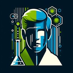 A modern portrait of a scientist, composed of clean lines and color blocks in neon green, white, and dark blue, with a beaker icon in the background