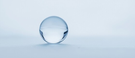 Close-up of a single, round, transparent object on a light blue background. the object appears to be made of glass or a similar material, with a smooth, shiny surface.
