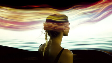 A woman and the sea, Feeling, sound, energy - meditation and travel concept - energy, flow, vibes, sensory art.colorful abstract waves experience a feeling of wonder and excitement. Silhouette.