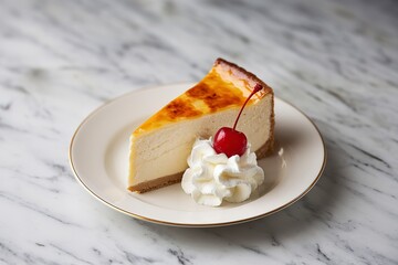 a cheesecake slice on a white plate, placed on a marble background