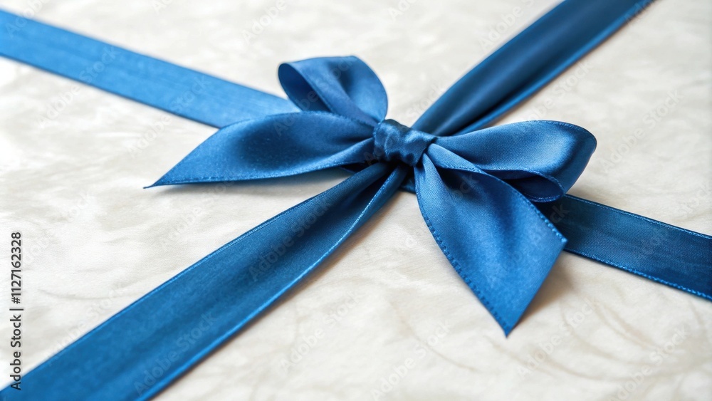 Aufkleber A close-up view of a beautifully tied blue satin ribbon bow on a white textured surface, creating an elegant and festive backdrop.