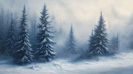 Fototapeta premium A serene winter scene of a forest covered with fog, showcasing towering spruce trees peeking through the mist. A tranquil representation of nature's quiet beauty and solitude.